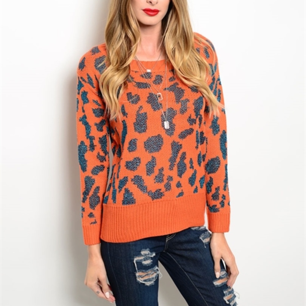 NWOT-Orange Leopard-Print Crewneck Sweater